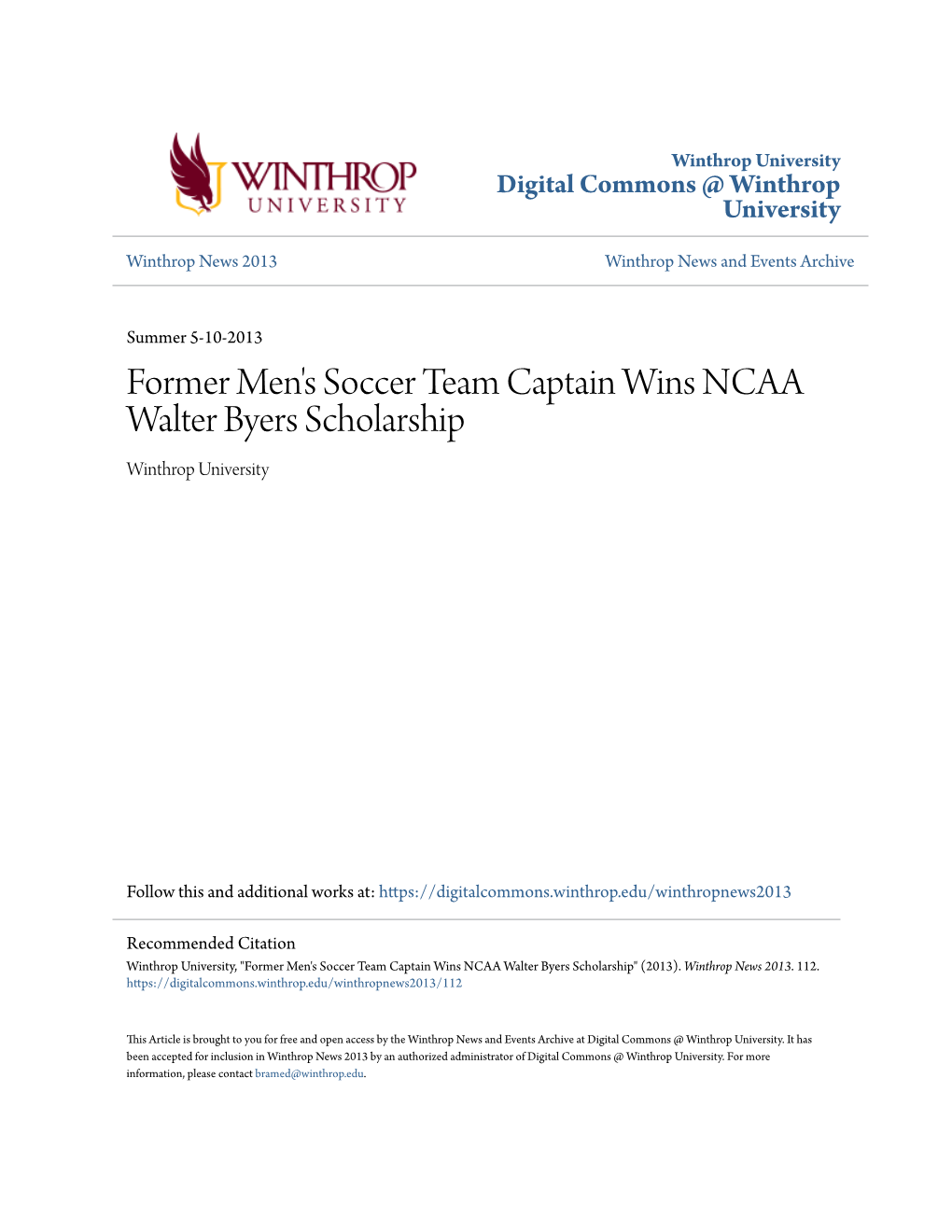 Former Men's Soccer Team Captain Wins NCAA Walter Byers Scholarship Winthrop University