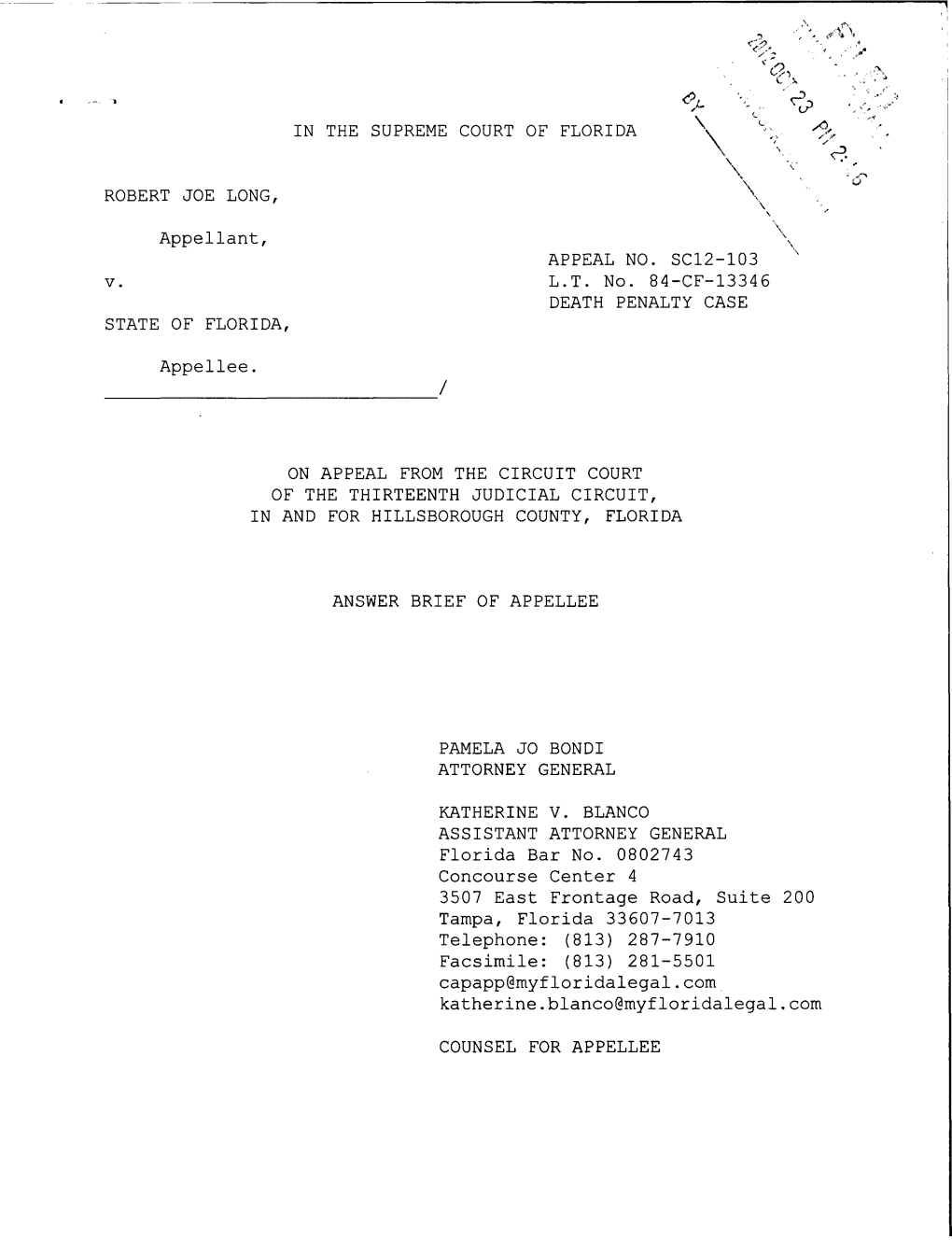 Appellant, V. L.T. No. 84-CF-13346 Appellee. Florida Bar No. 0802743