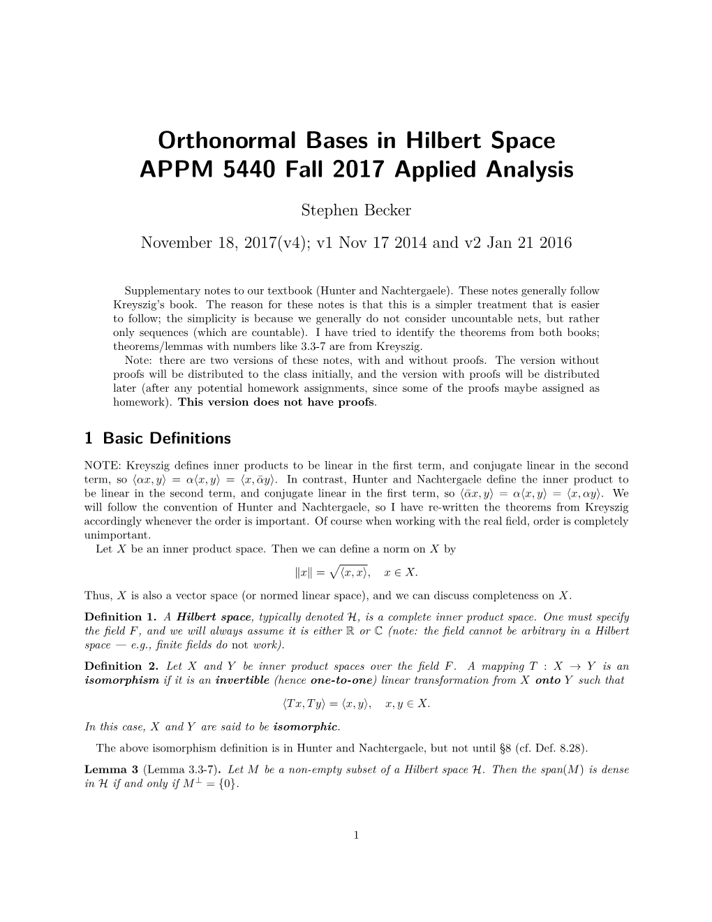 Orthonormal Bases in Hilbert Space APPM 5440 Fall 2017 Applied Analysis