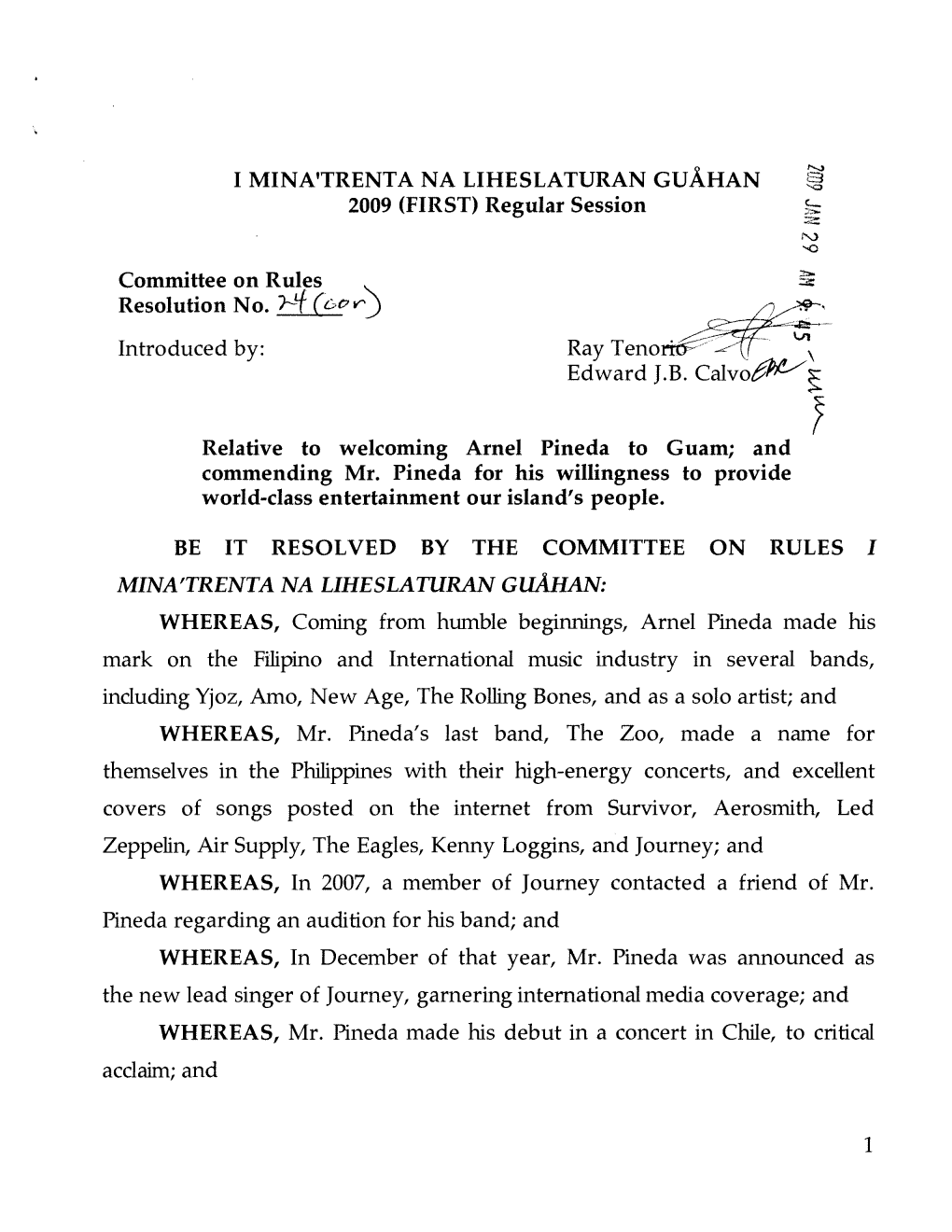 I MINA'trenta NA LIHESLATURAN GUAHAN 2009 (FIRST) Regular Session