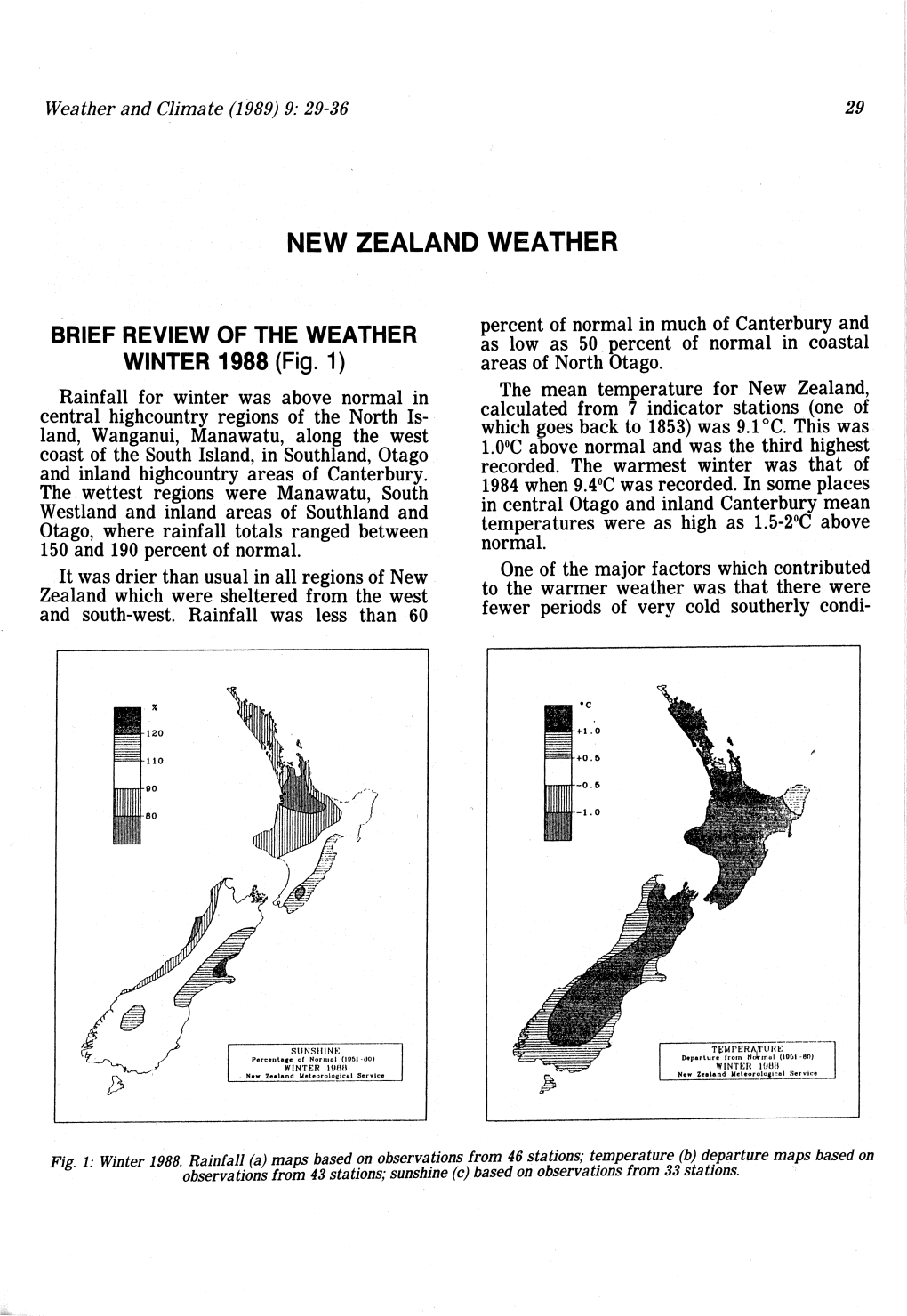 BRIEF REVIEW of the WEATHER Percent of Normal in Much of Canterbury and As Low As 50 Percent of Normal in Coastal WINTER 1988 (Fig