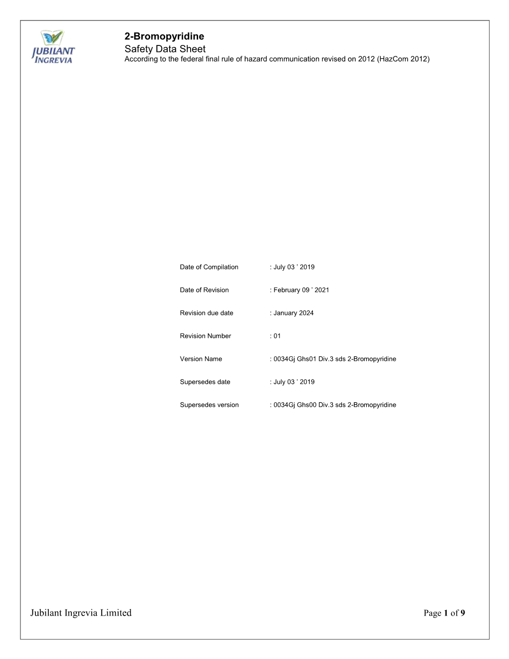 2-Bromopyridine Safety Data Sheet Jubilant Ingrevia Limited