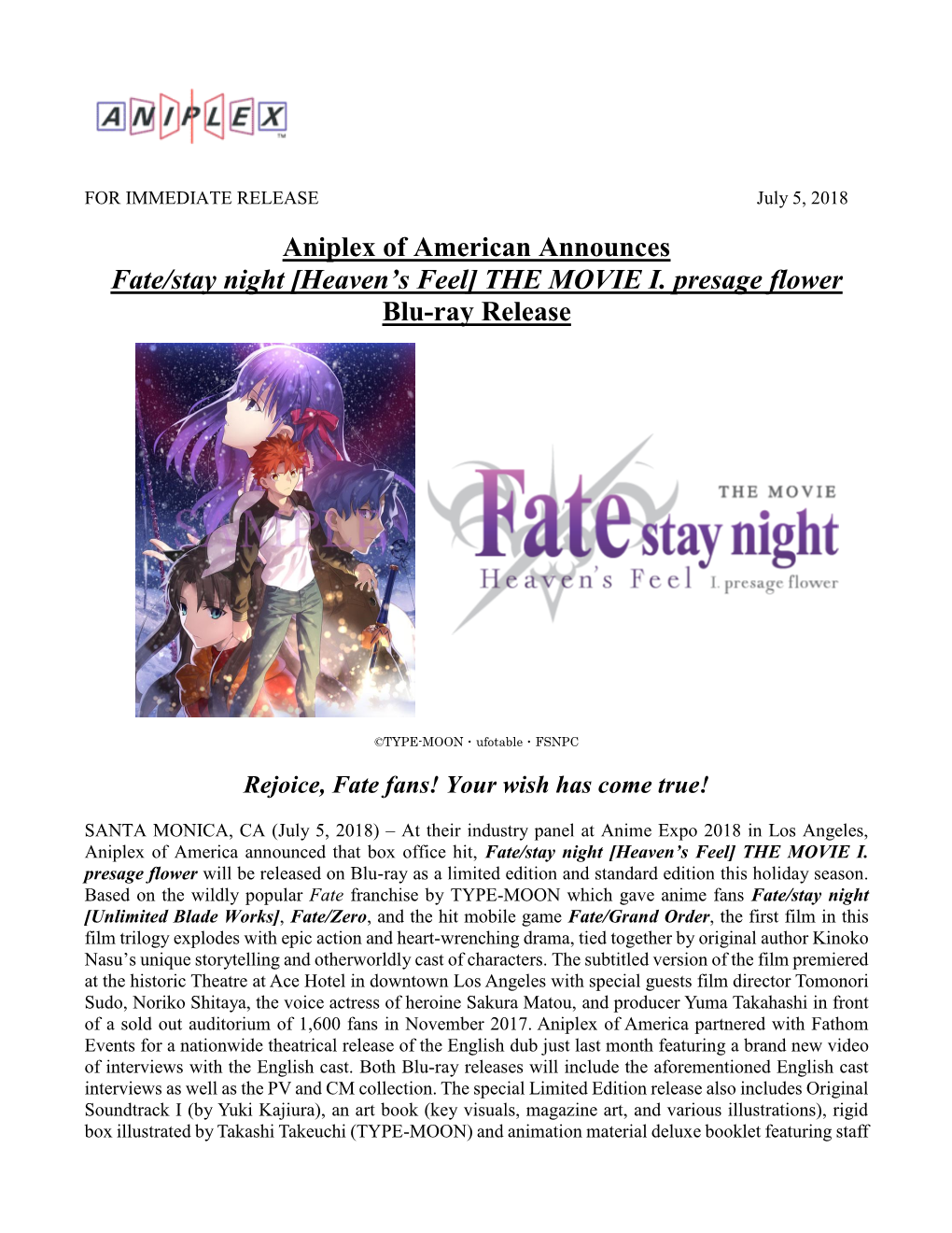 Aniplex of American Announces Fate/Stay Night [Heaven's Feel] THE