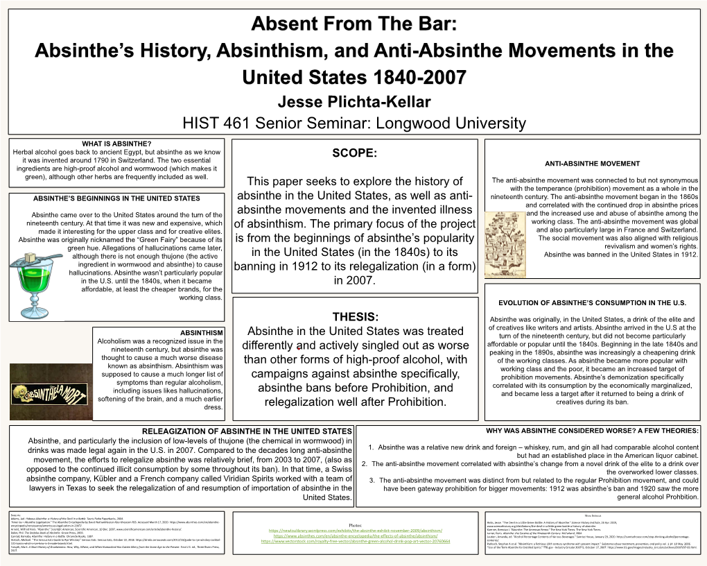 History, Absinthism, and Anti-Absinthe Movements in the United States 1840-2007 Jesse Plichta-Kellar HIST 461 Senior Seminar: Longwood University