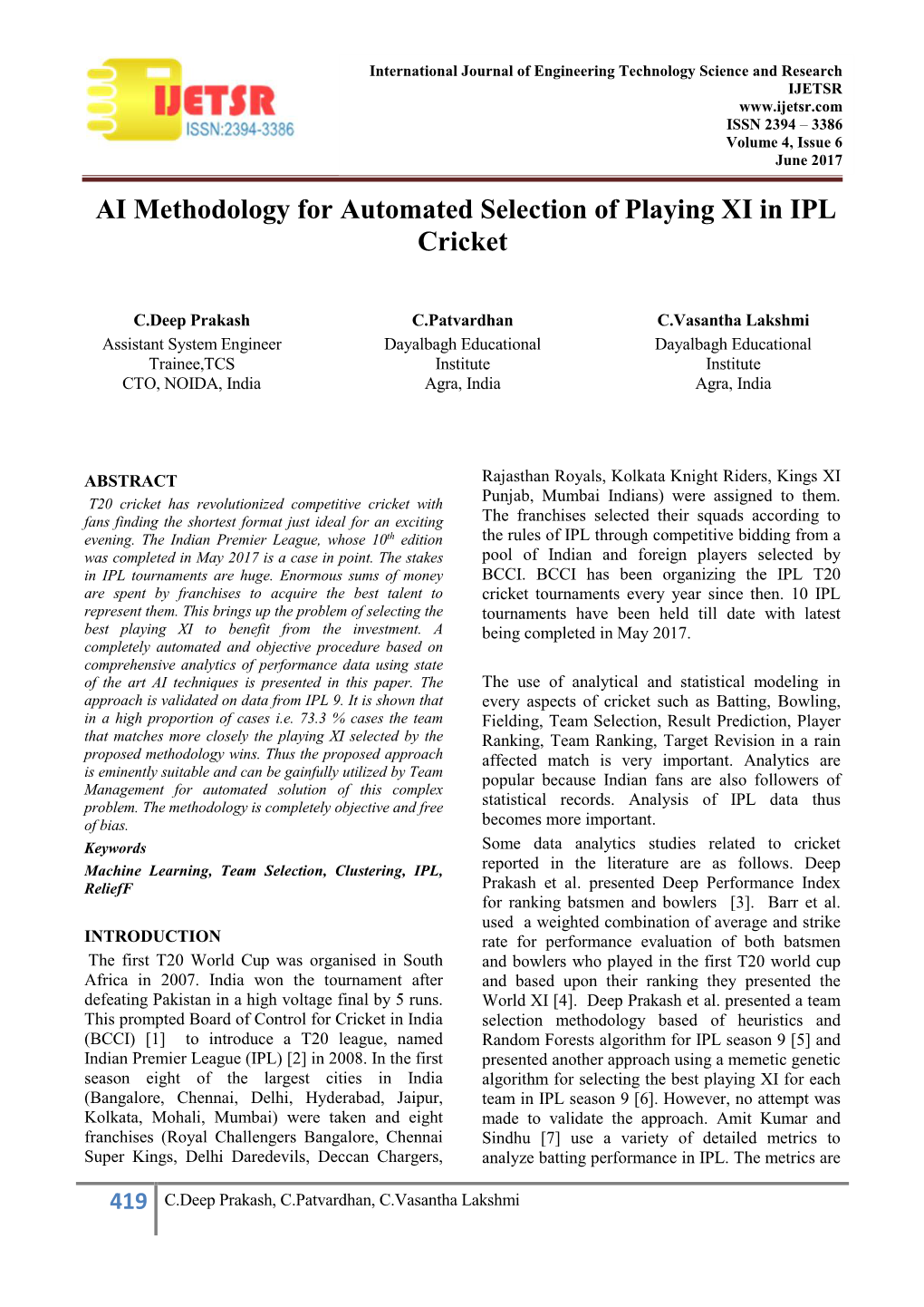 AI Methodology for Automated Selection of Playing XI in IPL Cricket