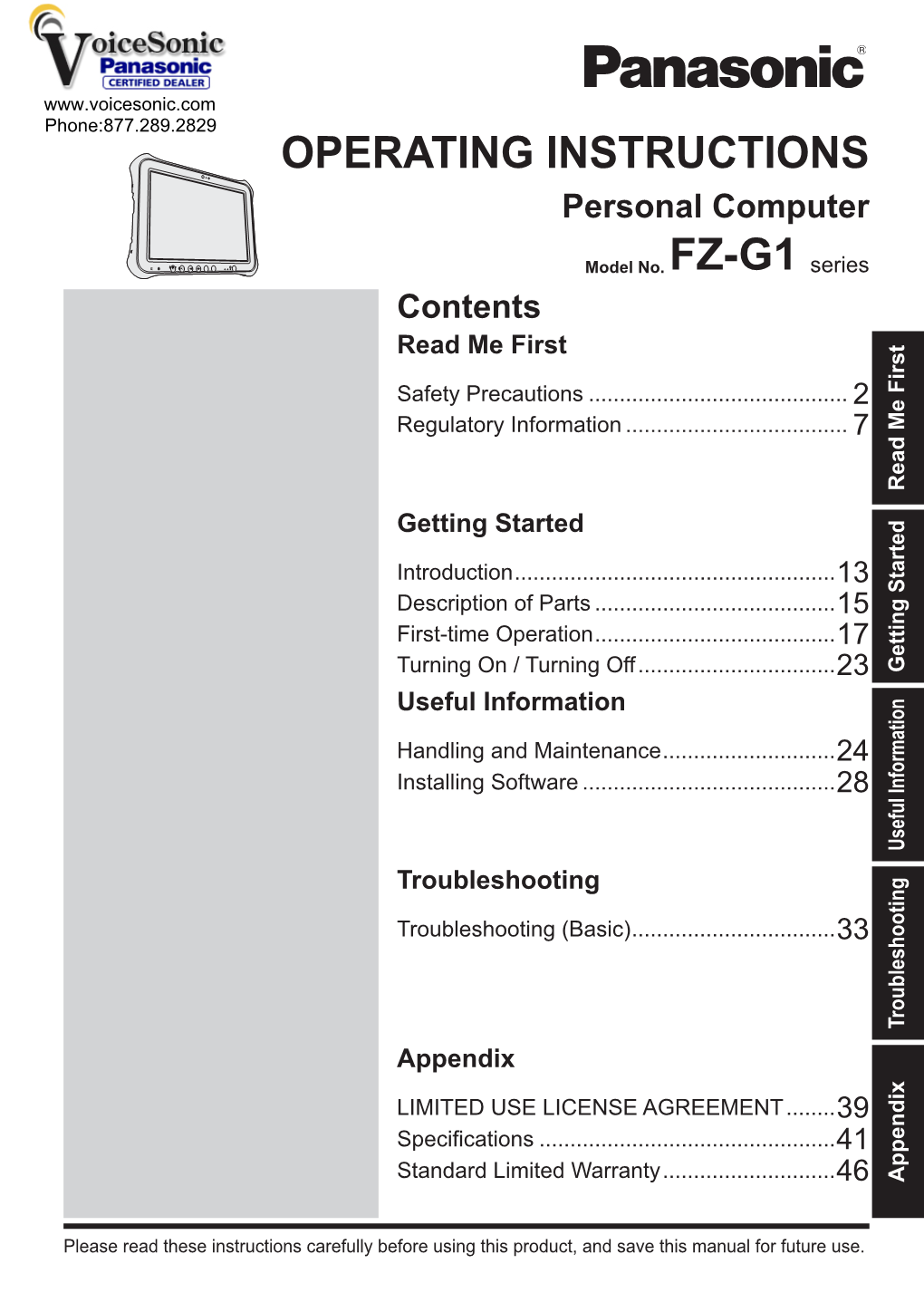 Panasonic Toughpad-FZ-G1 Operating Instructions