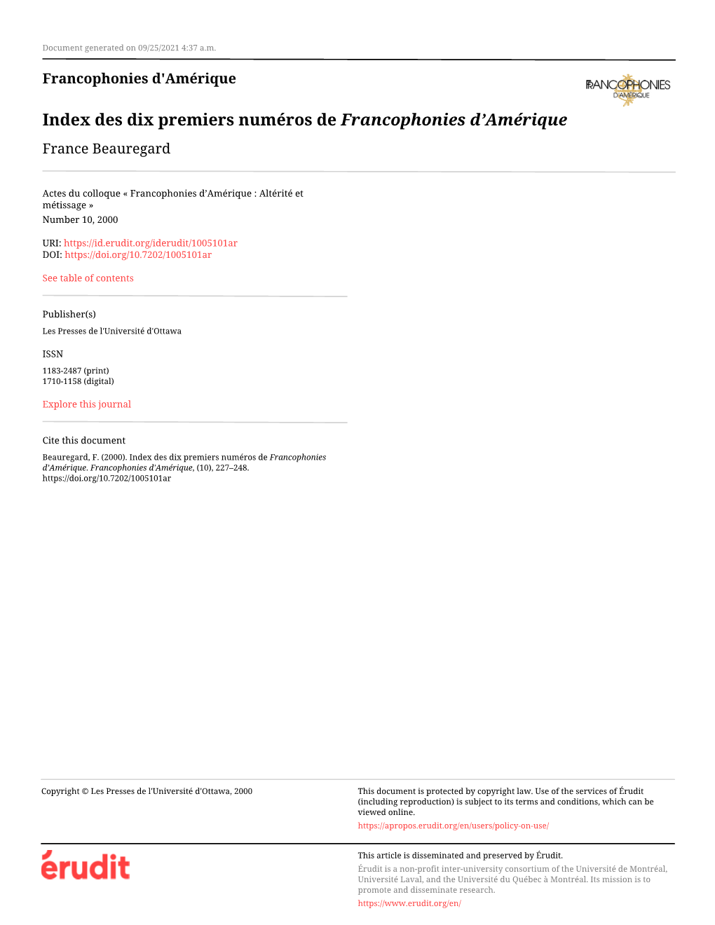 Index Des Dix Premiers Numéros De Francophonies D'amérique