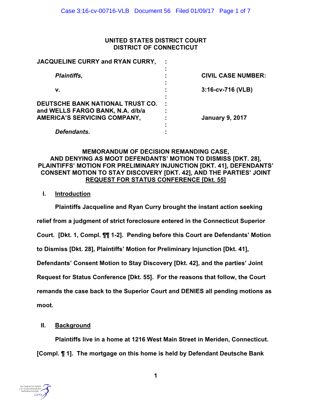 Case 3:16-Cv-00716-VLB Document 56 Filed 01/09/17 Page 1 of 7