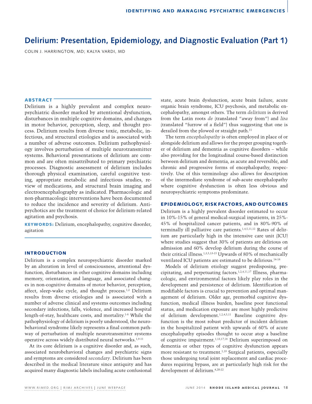 Delirium: Presentation, Epidemiology, and Diagnostic Evaluation (Part 1)