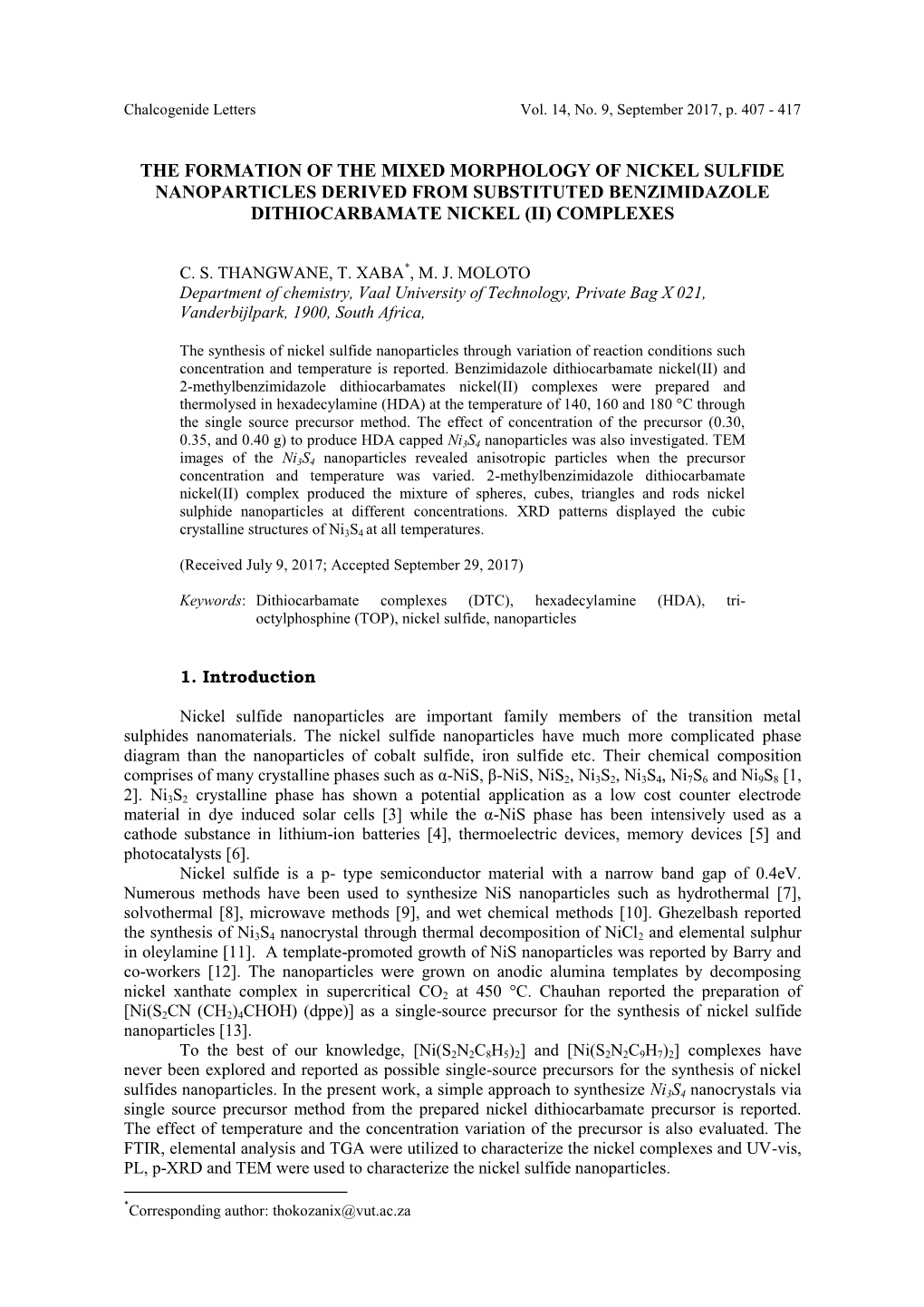 The Formation of the Mixed Morphology of Nickel Sulfide Nanoparticles Derived from Substituted Benzimidazole Dithiocarbamate Nickel (Ii) Complexes