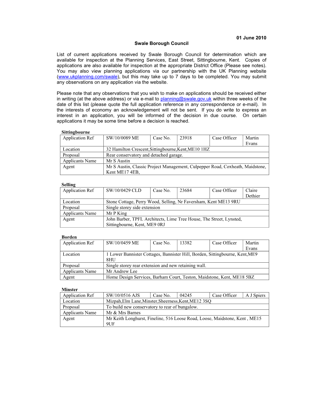 01 June 2010 Swale Borough Council List of Current Applications Received