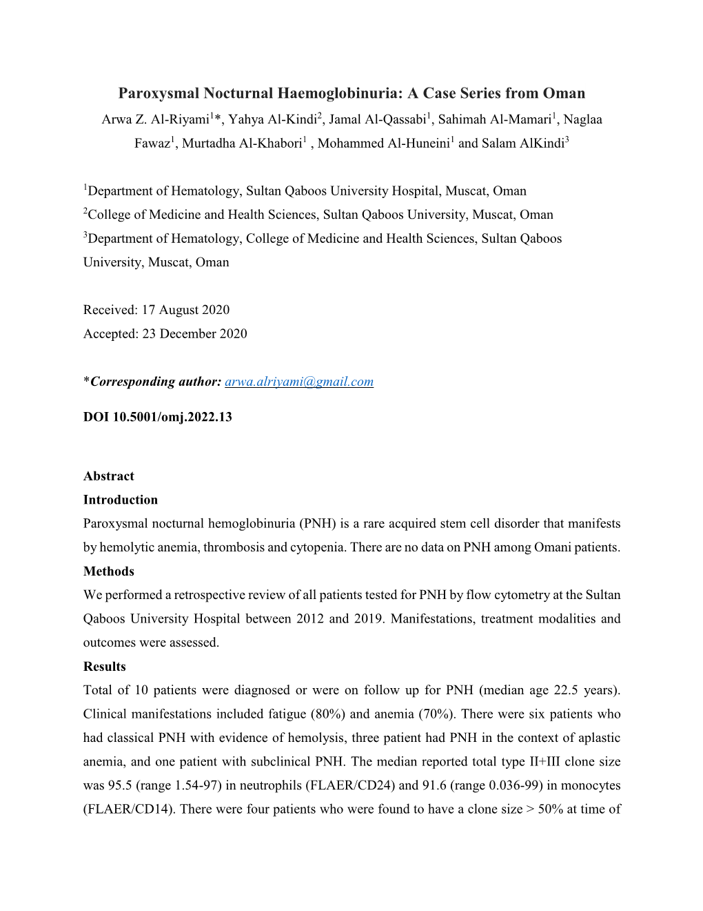 Paroxysmal Nocturnal Haemoglobinuria: a Case Series from Oman Arwa Z