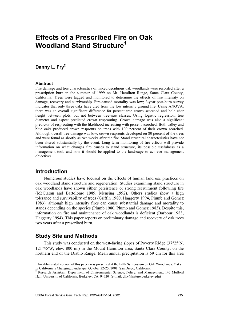 Effects of a Prescribed Fire on Oak Woodland Stand Structure1