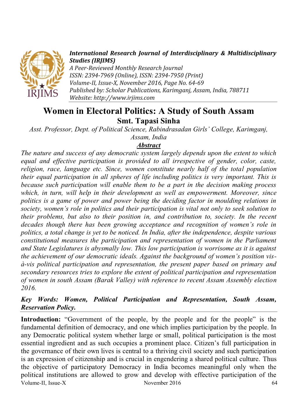 Women in Electoral Politics: a Study of South Assam Smt