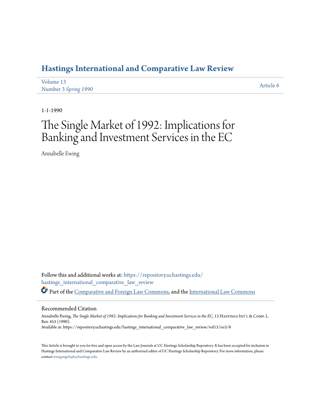 The Single Market of 1992: Implications for Banking and Investment Services in the EC, 13 Hastings Int'l & Comp