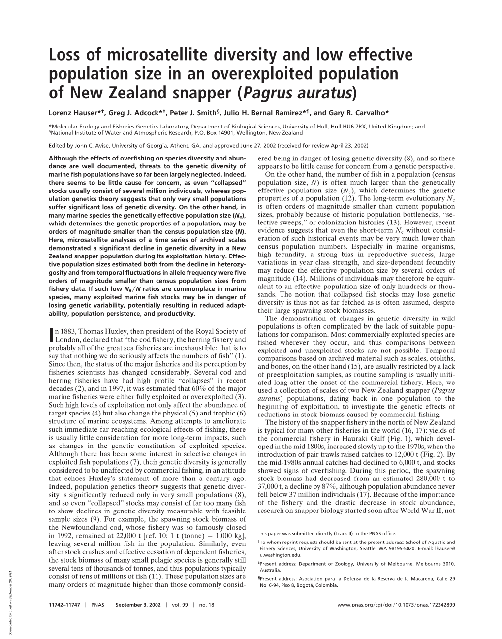 Loss of Microsatellite Diversity and Low Effective Population Size in an Overexploited Population of New Zealand Snapper (Pagrus Auratus)