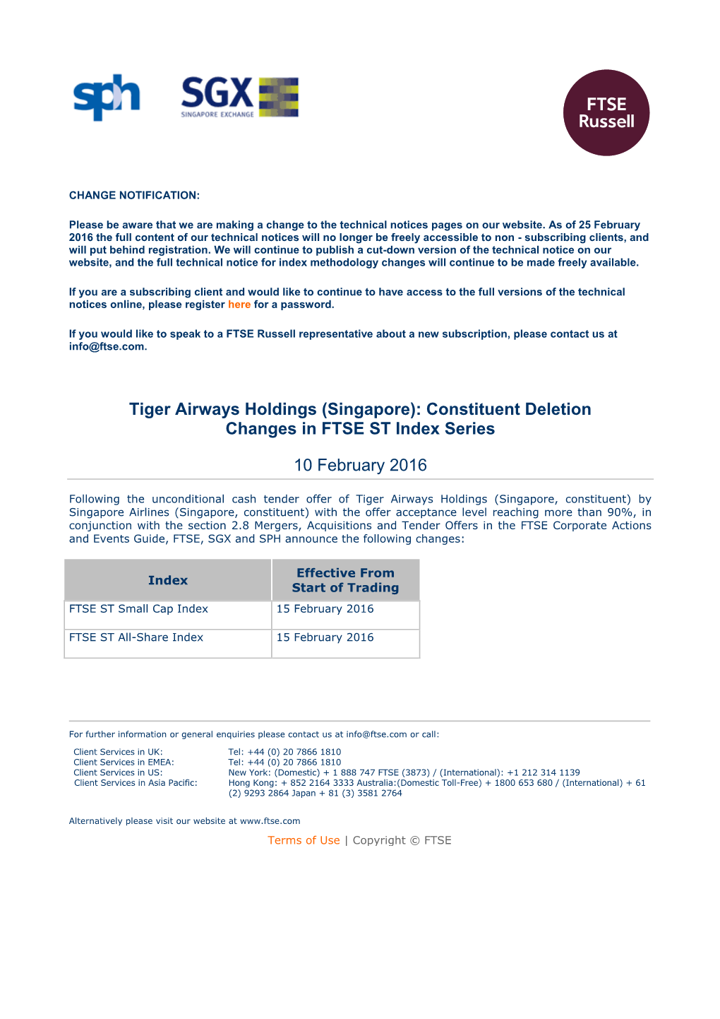 Tiger Airways Holdings (Singapore): Constituent Deletion Changes in FTSE ST Index Series