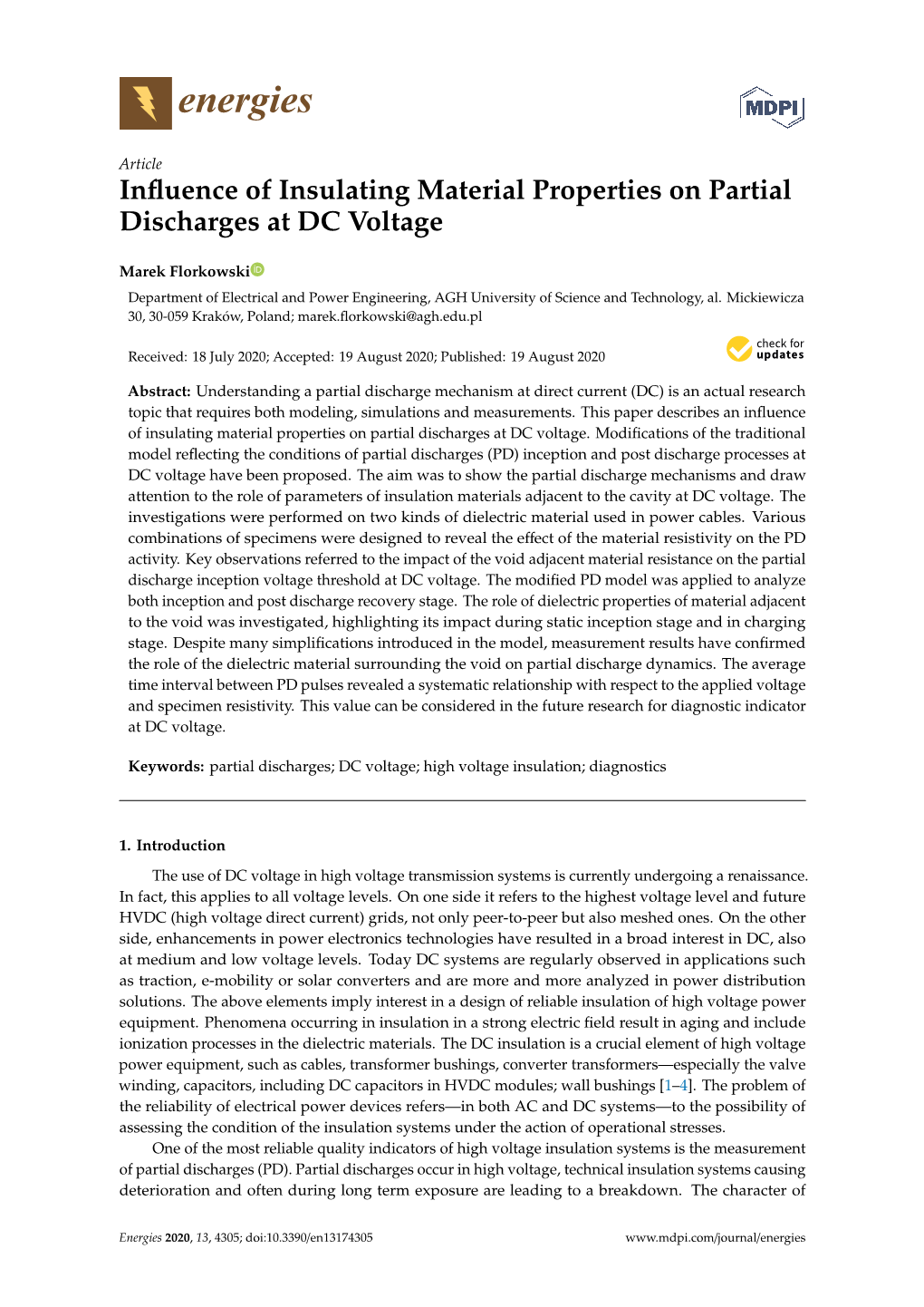 Influence of Insulating Material Properties on Partial Discharges at DC Voltage