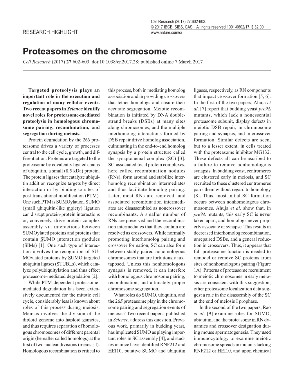 Proteasomes on the Chromosome Cell Research (2017) 27:602-603