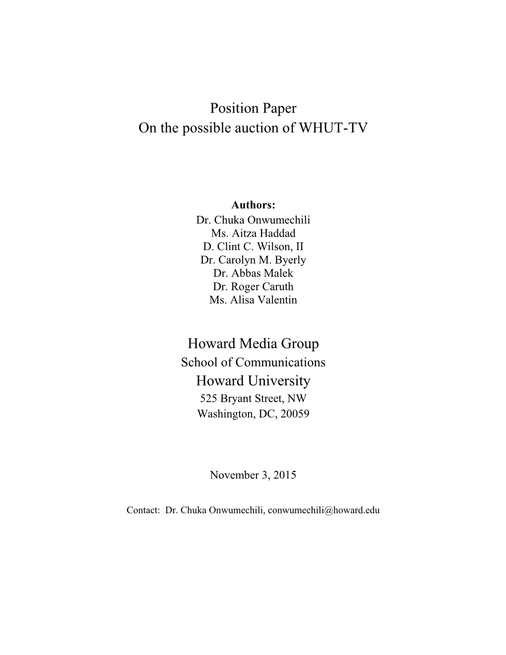 Position Paper on the Possible Auction of WHUT-TV