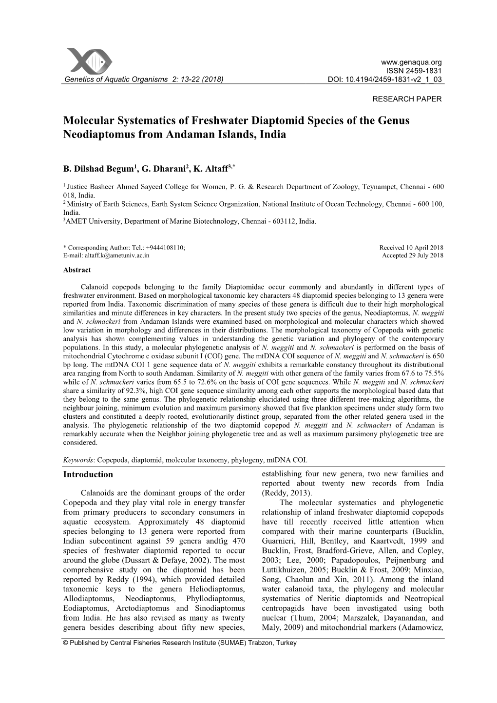 Molecular Systematics of Freshwater Diaptomid Species of the Genus Neodiaptomus from Andaman Islands, India