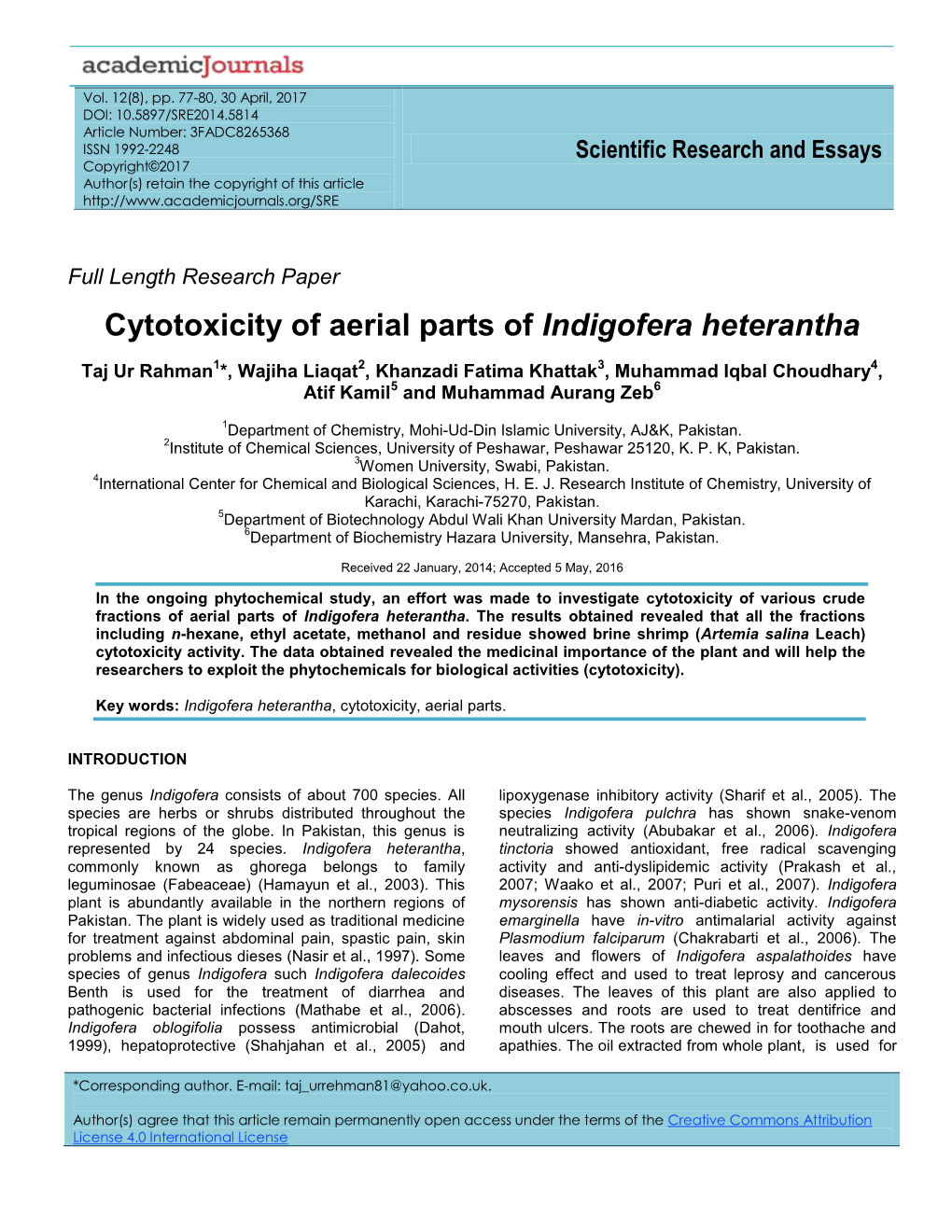 Cytotoxicity of Aerial Parts of Indigofera Heterantha