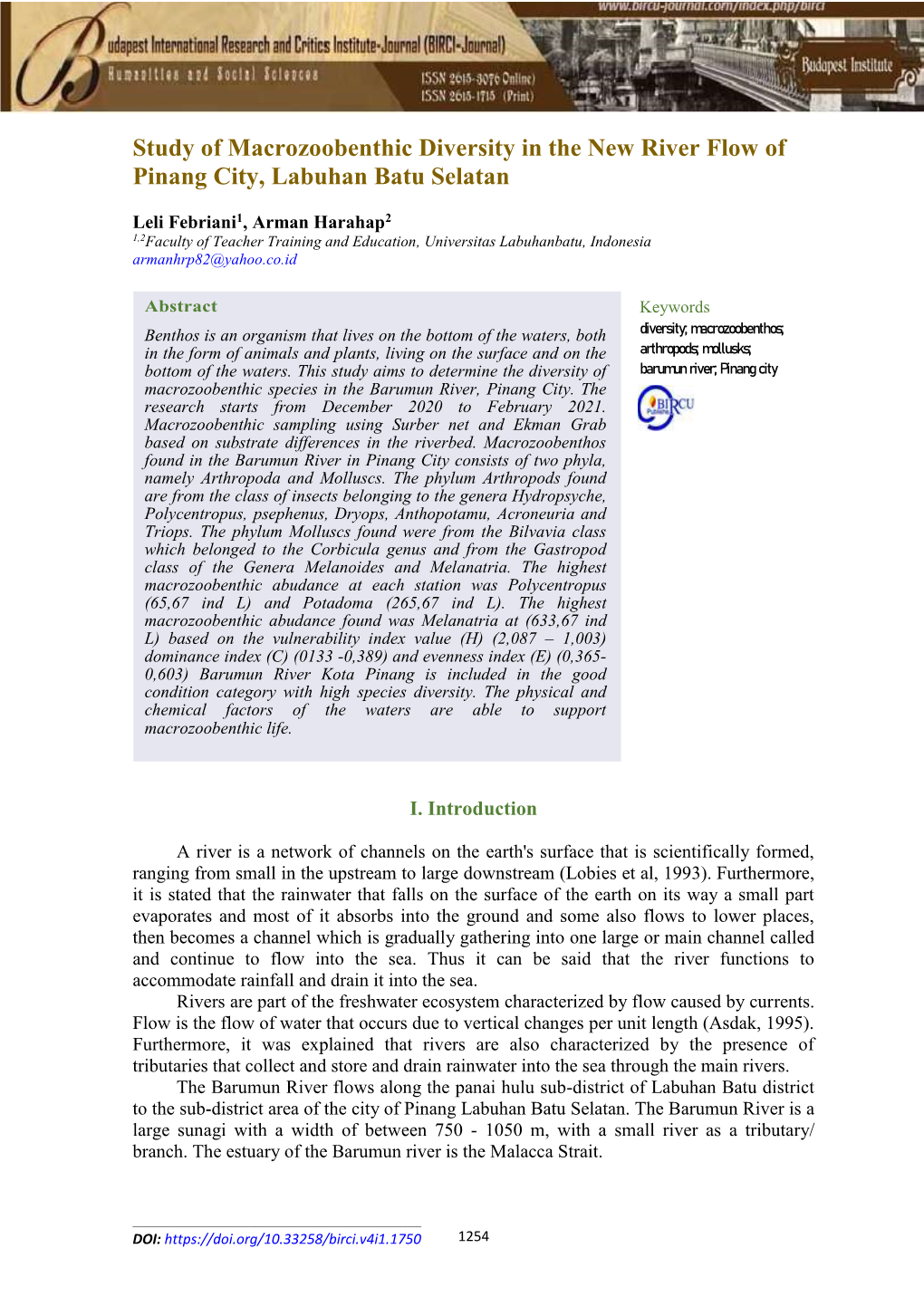 Study of Macrozoobenthic Diversity in the New River Flow of Pinang City, Labuhan Batu Selatan