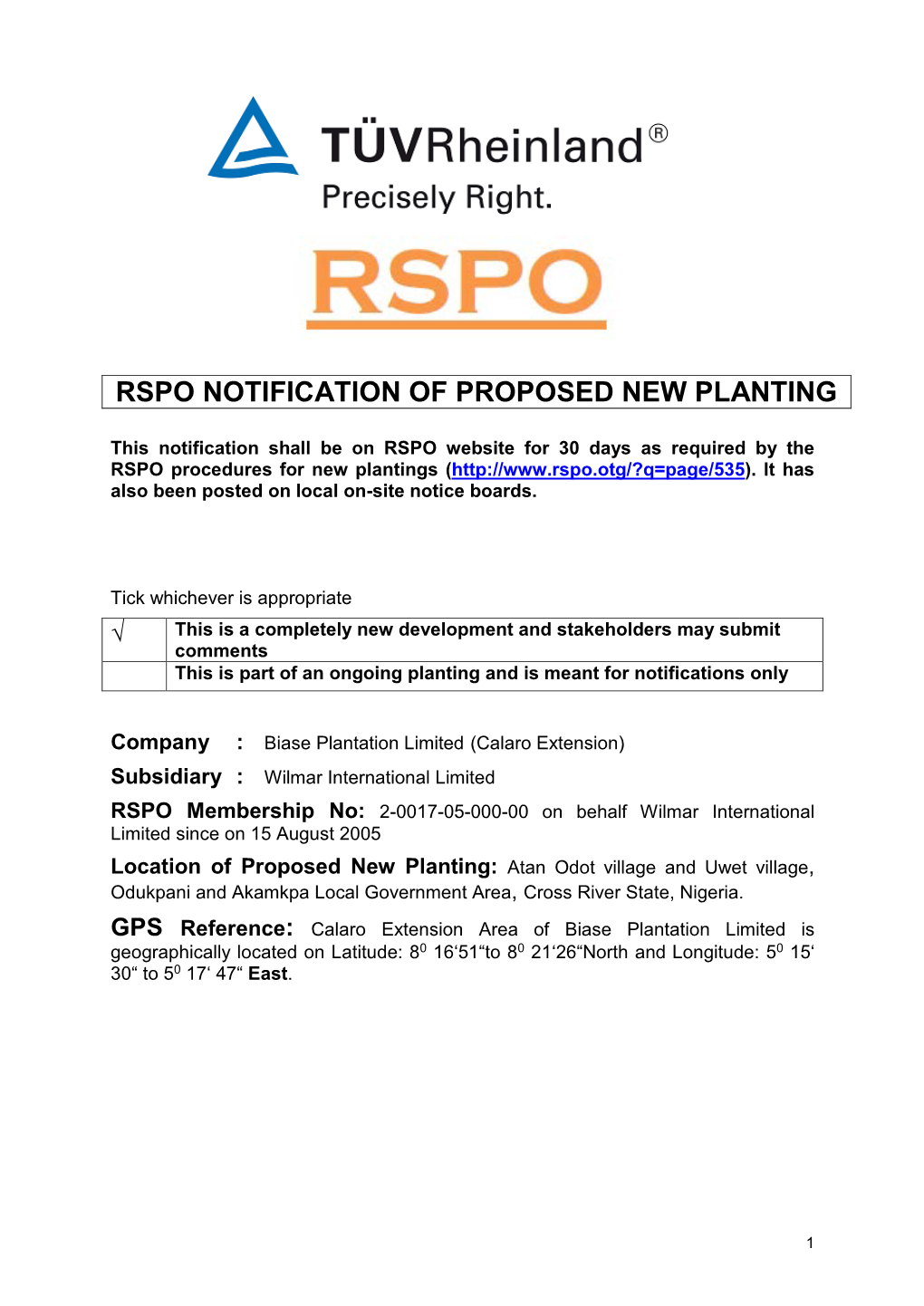 Rspo Notification of Proposed New Planting