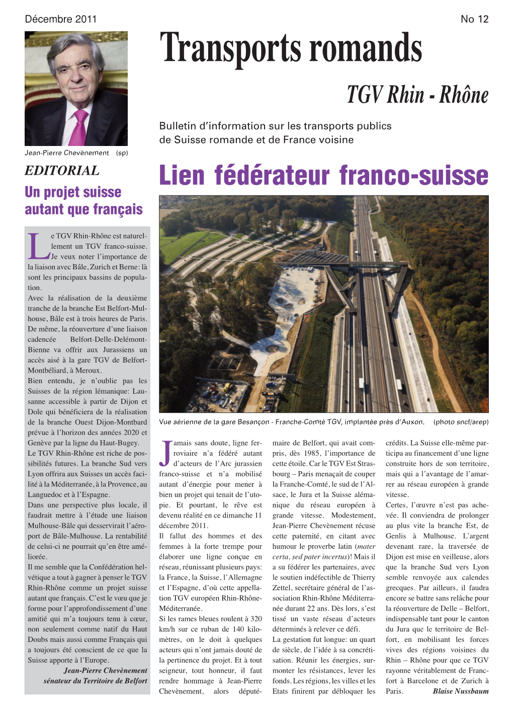 TGV Rhin - Rhône Bulletin D’Information Sur Les Transports Publics De Suisse Romande Et De France Voisine Jean-Pierre Chevènement (Sp)