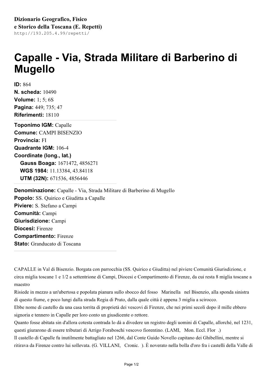 Capalle - Via, Strada Militare Di Barberino Di Mugello