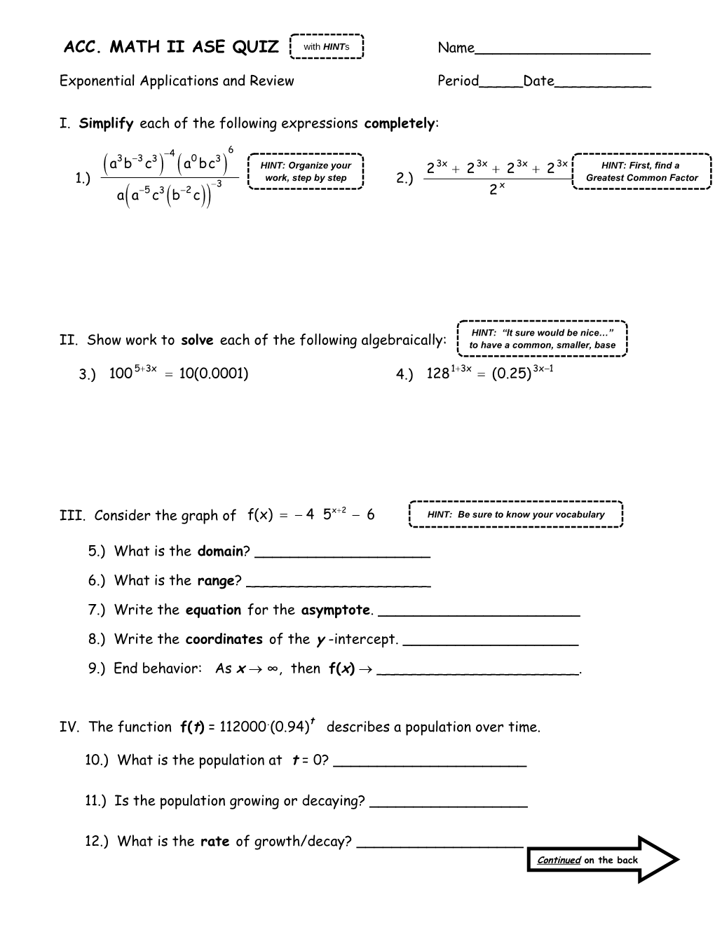 Exponential Applications and Review Period_____Date______