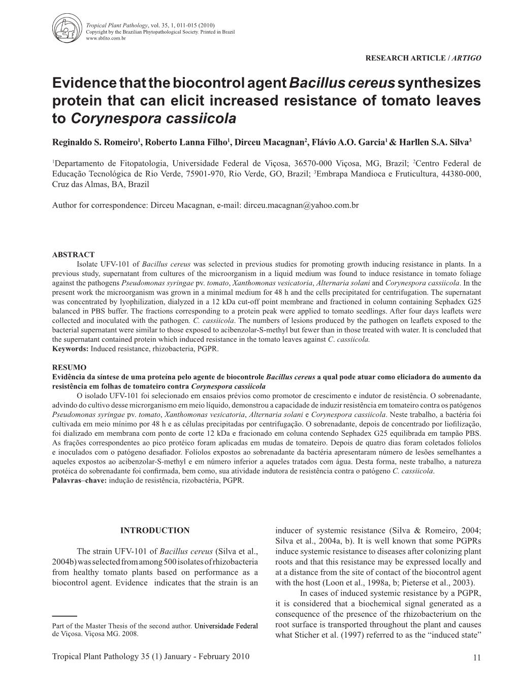 Evidence That the Biocontrol Agent Bacillus Cereus Synthesizes Protein That Can Elicit Increased Resistance of Tomato Leaves to Corynespora Cassiicola