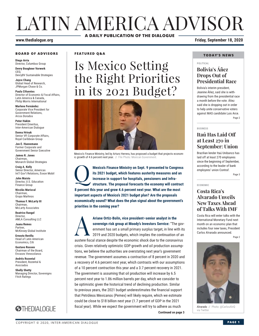 LATIN AMERICA ADVISOR a DAILY PUBLICATION of the DIALOGUE Friday, September 18, 2020