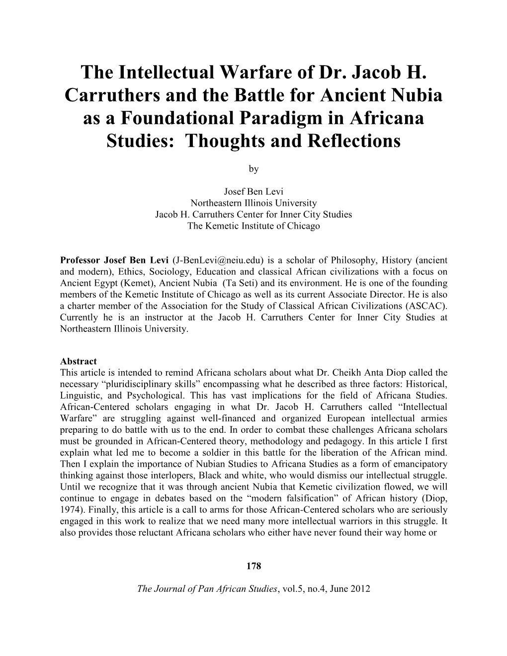 The Intellectual Warfare of Dr. Jacob H. Carruthers and the Battle for Ancient Nubia As a Foundational Paradigm in Africana Studies: Thoughts and Reflections