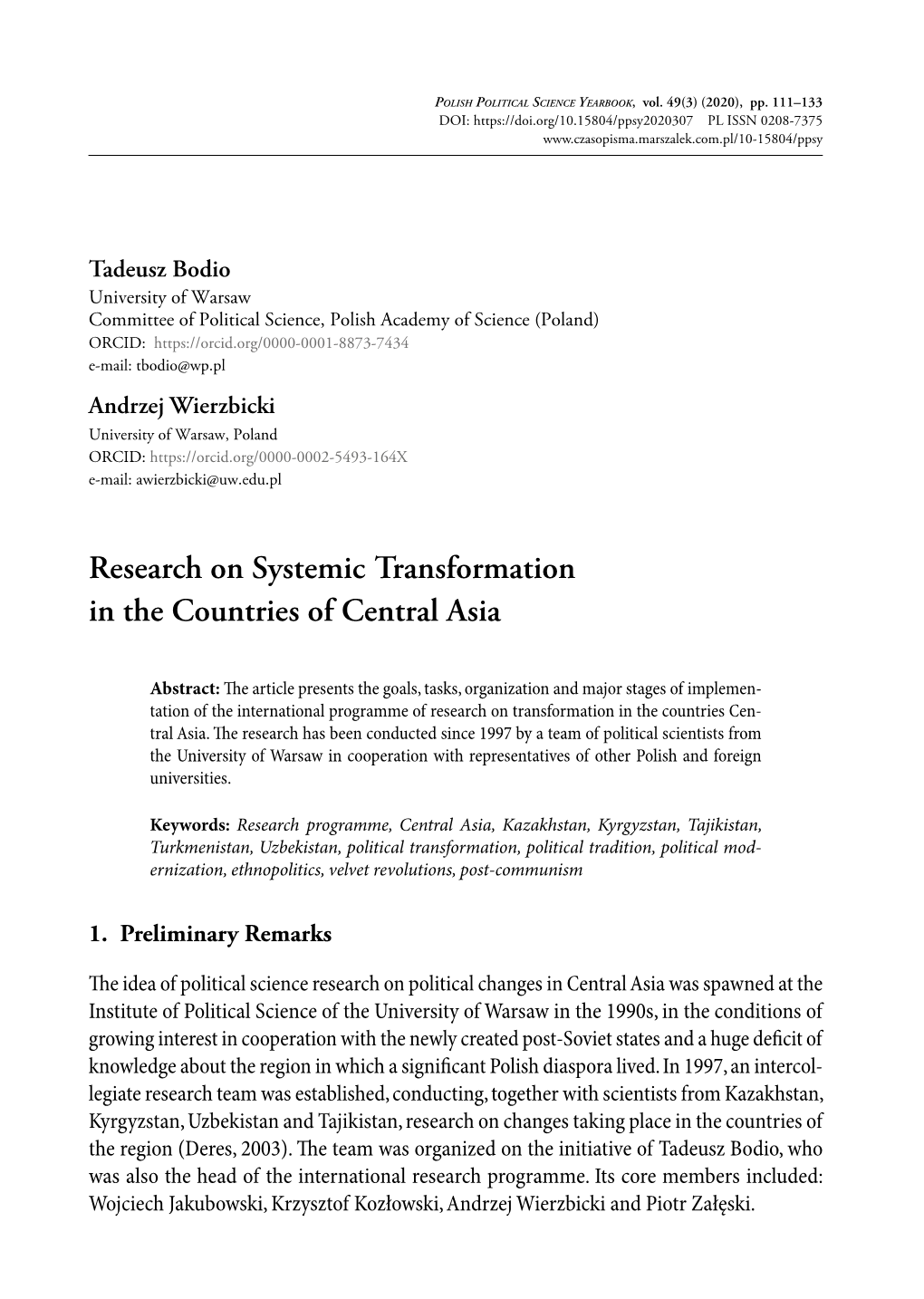 Research on Systemic Transformation in the Countries of Central Asia