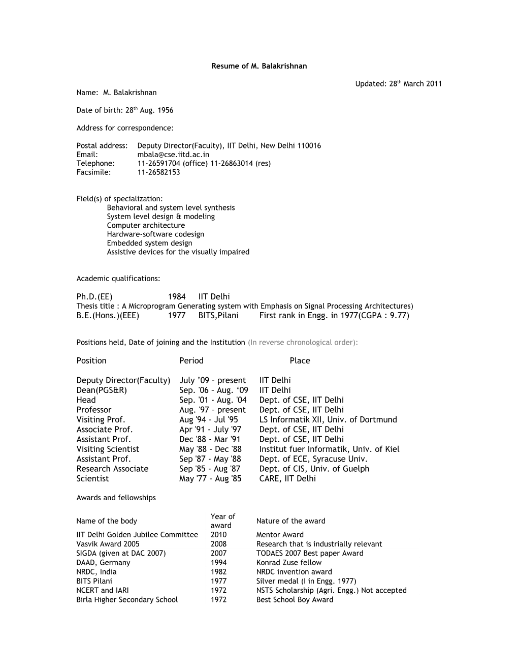 Resume of M. Balakrishnan