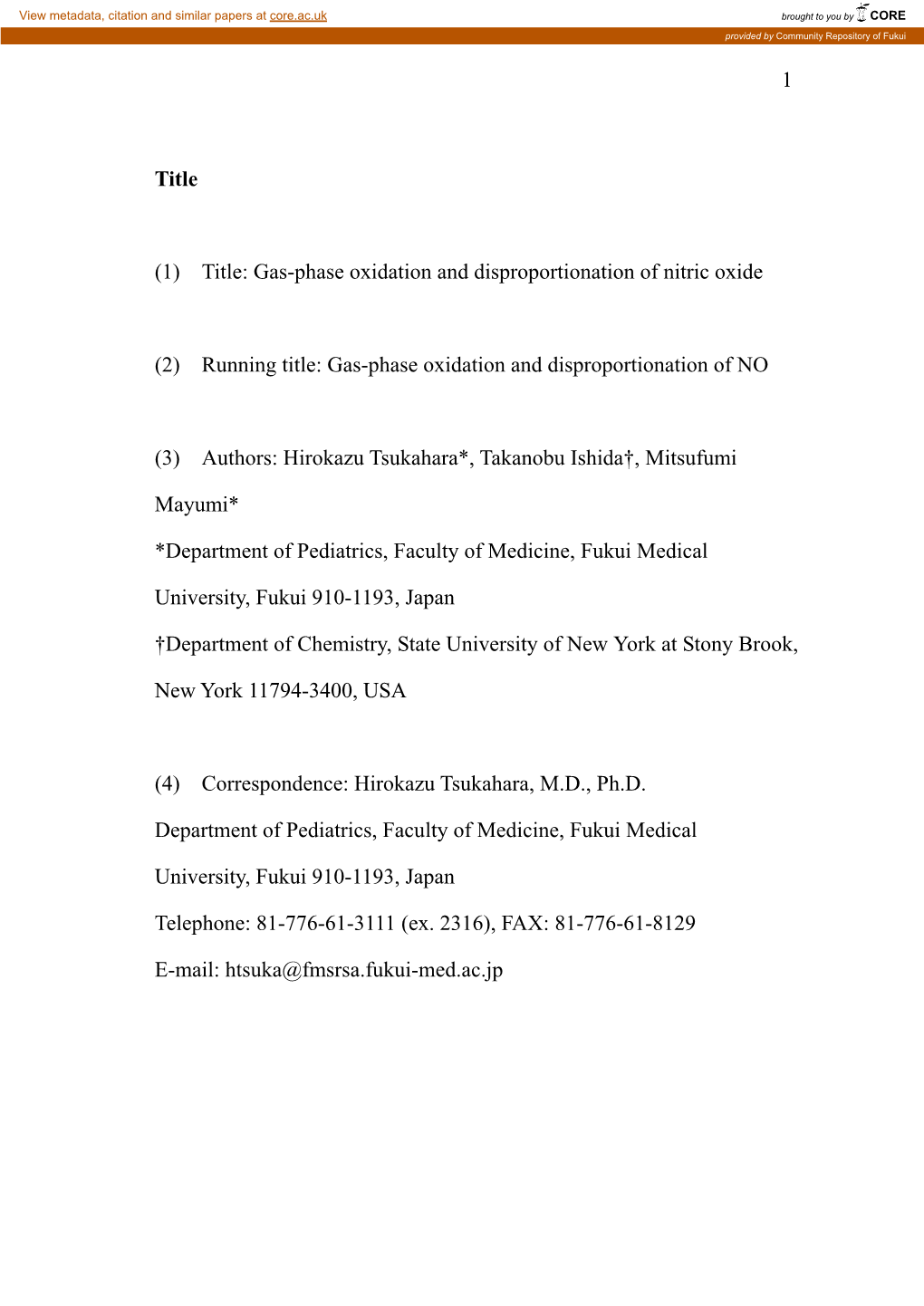 (1) Title: Gas-Phase Oxidation and Disproportionation of Nitric Oxide