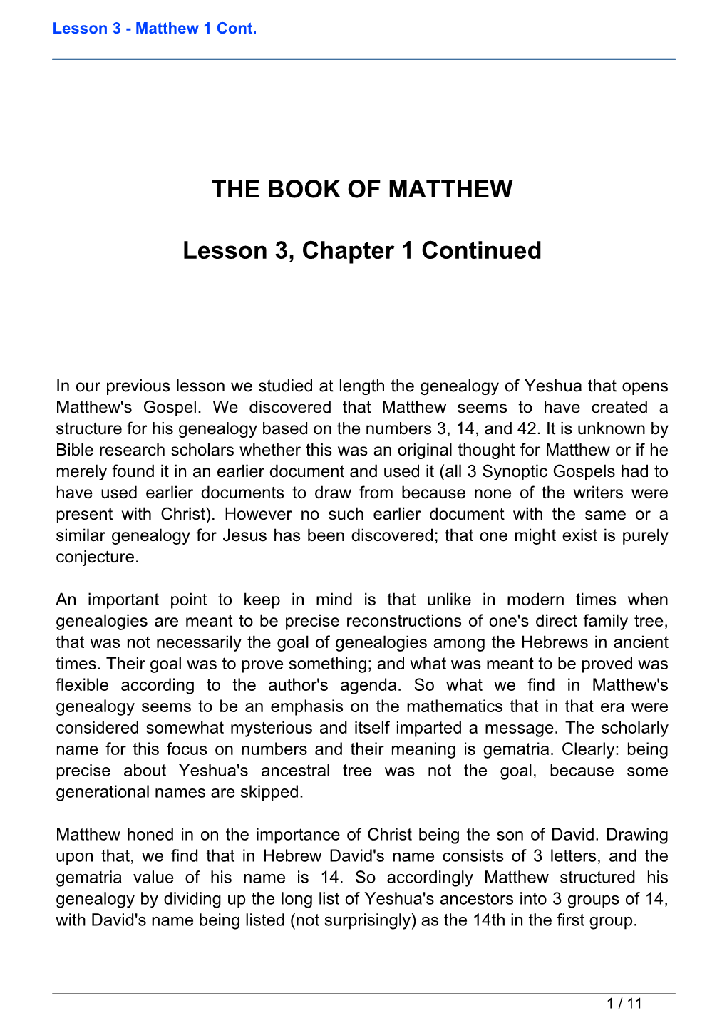 Lesson 3 - Matthew 1 Cont