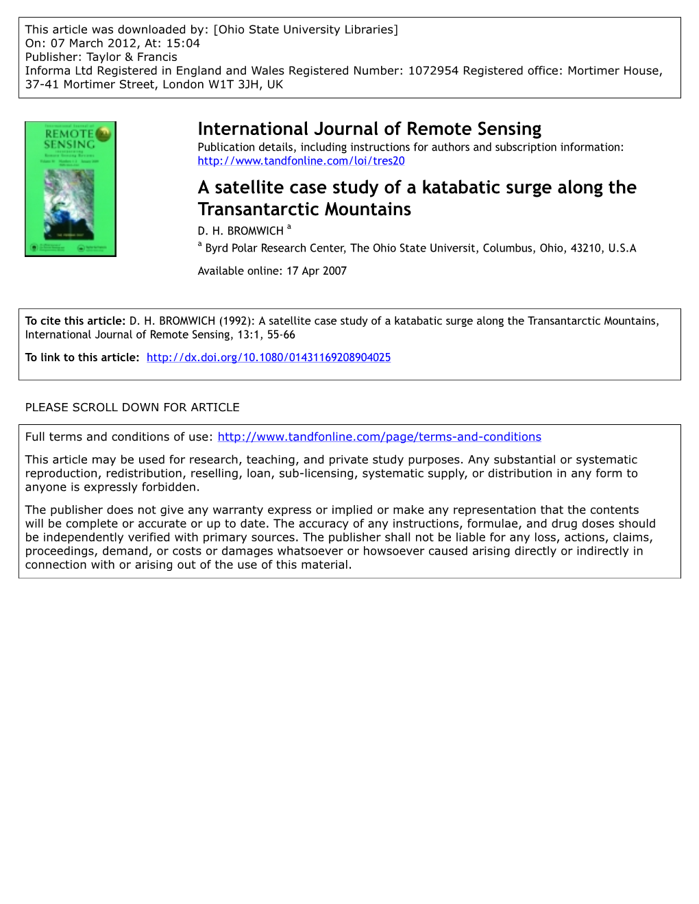 A Satellite Case Study of a Katabatic Surge Along the Transantarctic Mountains D