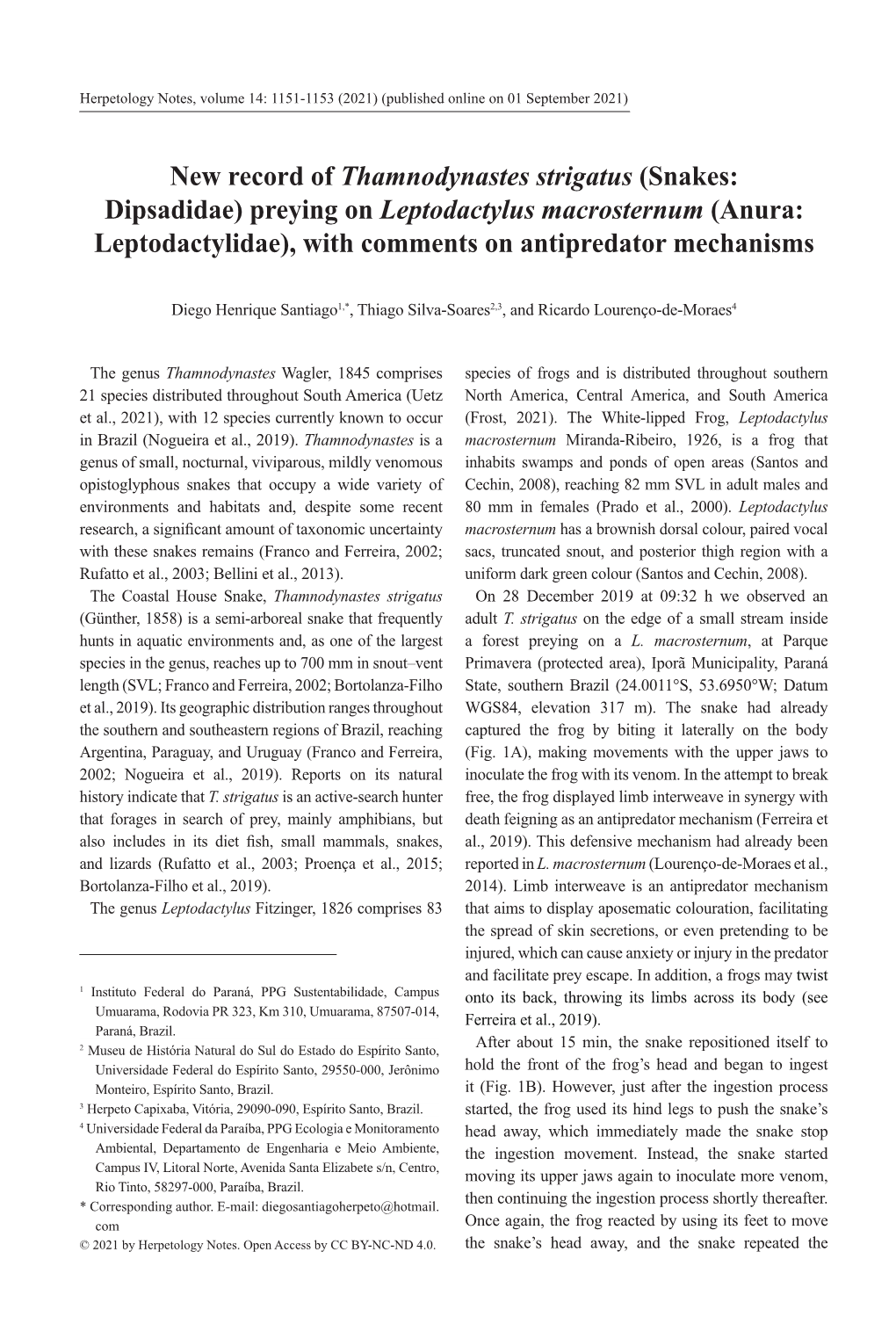 (Snakes: Dipsadidae) Preying on Leptodactylus Macrosternum (Anura: Leptodactylidae), with Comments on Antipredator Mechanisms