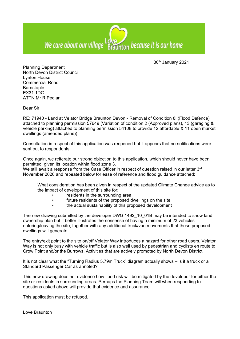 30Th January 2021 Planning Department North Devon District Council Lynton House Commercial Road Barnstaple EX31 1DG ATTN Mr R Pedlar