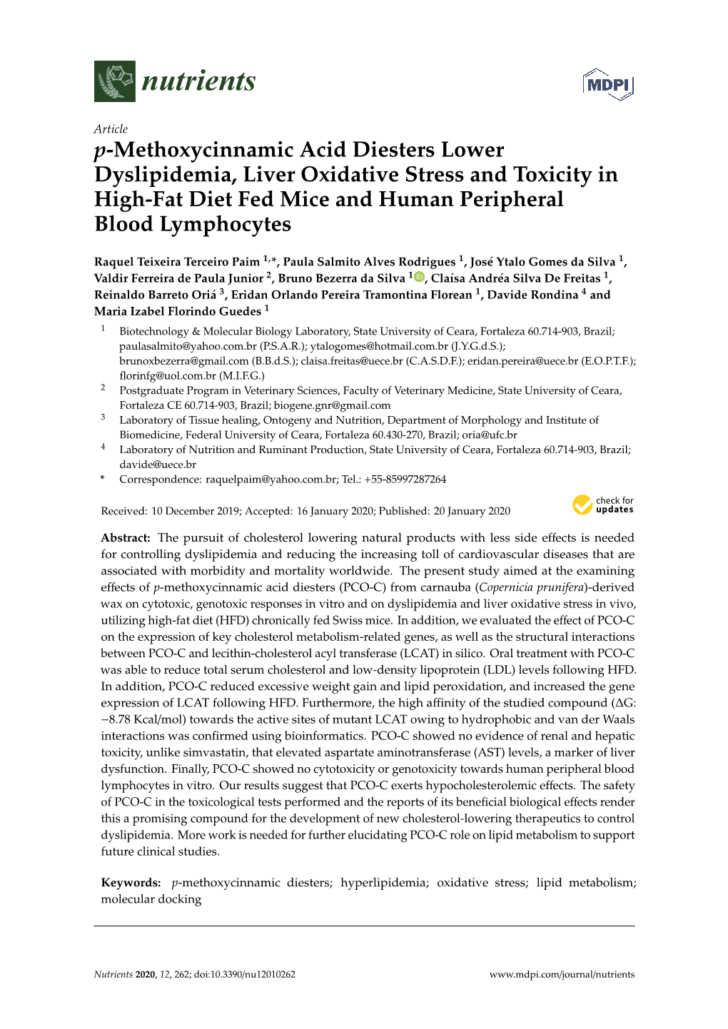 P-Methoxycinnamic Acid Diesters Lower Dyslipidemia, Liver Oxidative Stress and Toxicity in High-Fat Diet Fed Mice and Human Peripheral Blood Lymphocytes