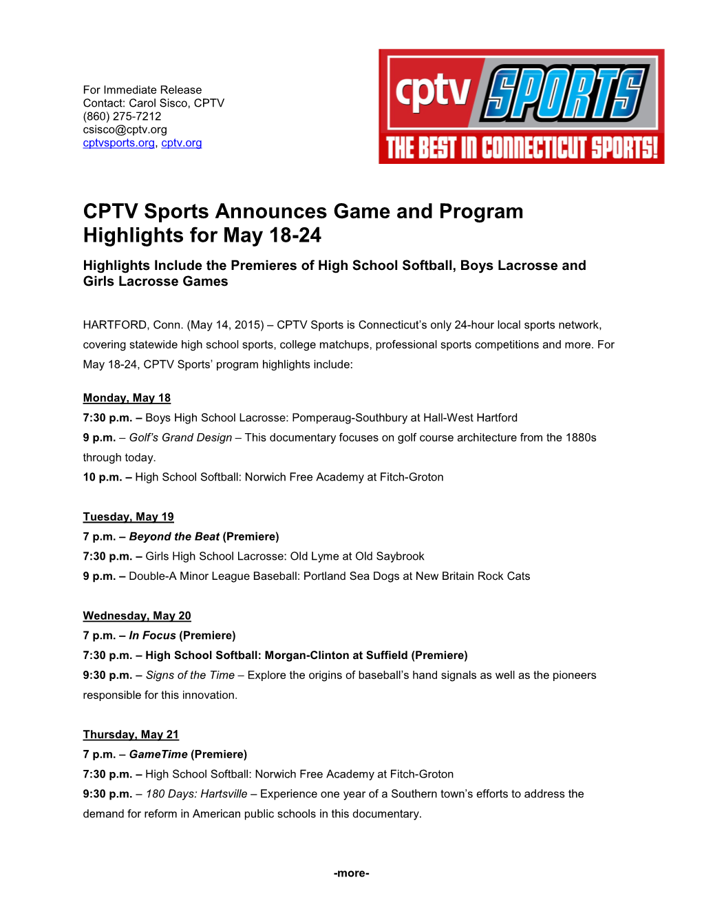 CPTV Sports Announces Game and Program Highlights for May 18-24