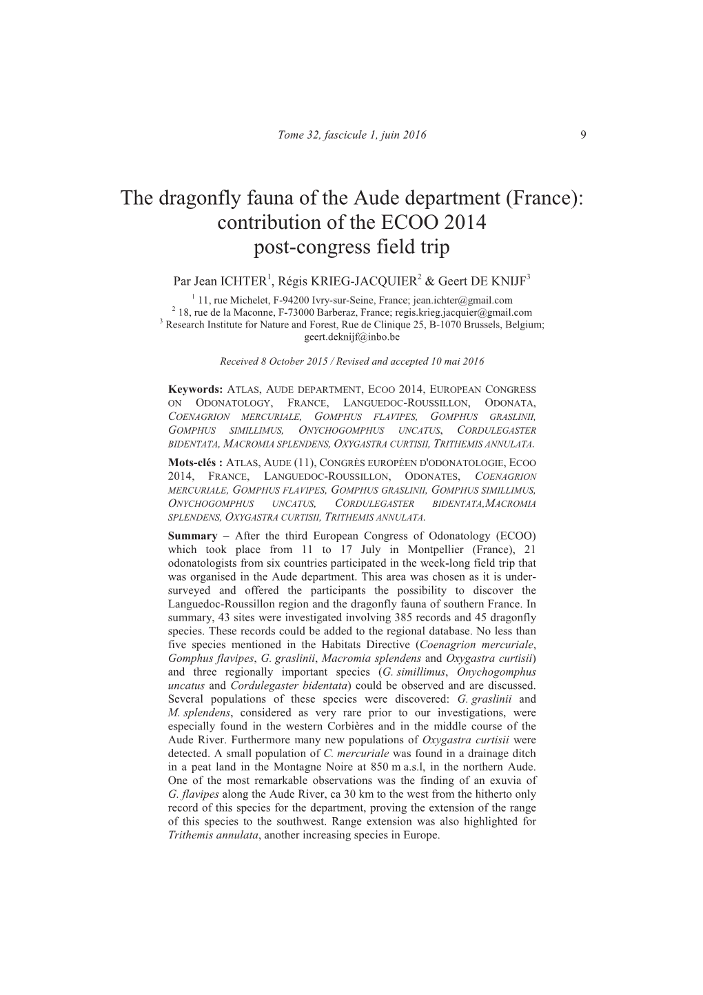 The Dragonfly Fauna of the Aude Department (France): Contribution of the ECOO 2014 Post-Congress Field Trip