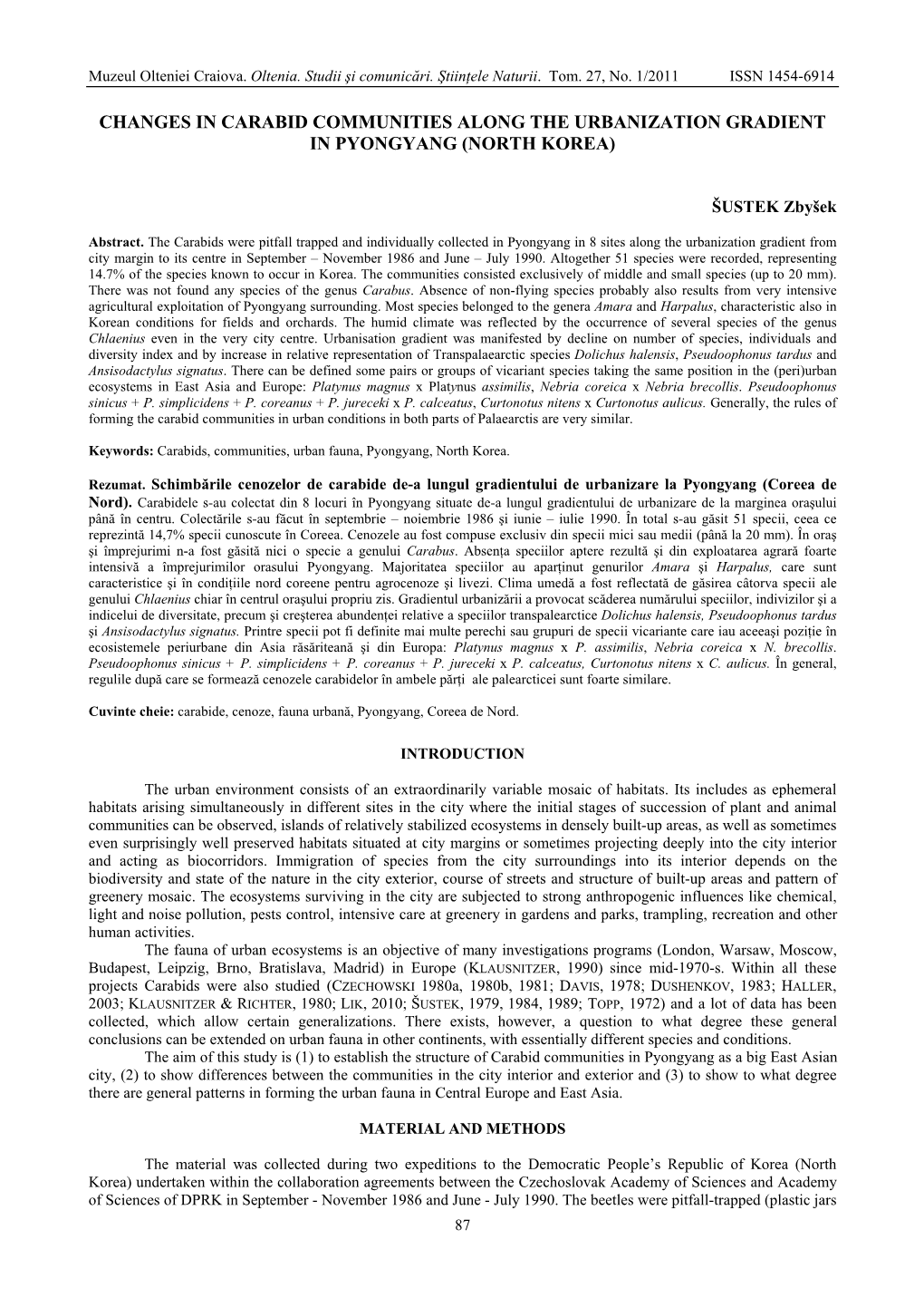 Changes in Carabid Communities Along the Urbanization Gradient in Pyongyang (North Korea)