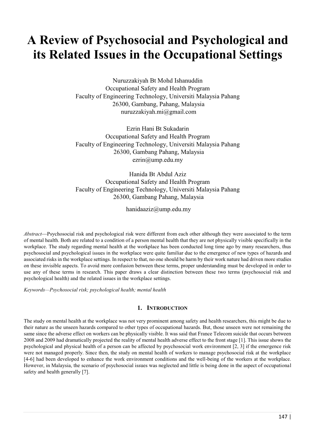 A Review of Psychosocial and Psychological and Its Related Issues in the Occupational Settings