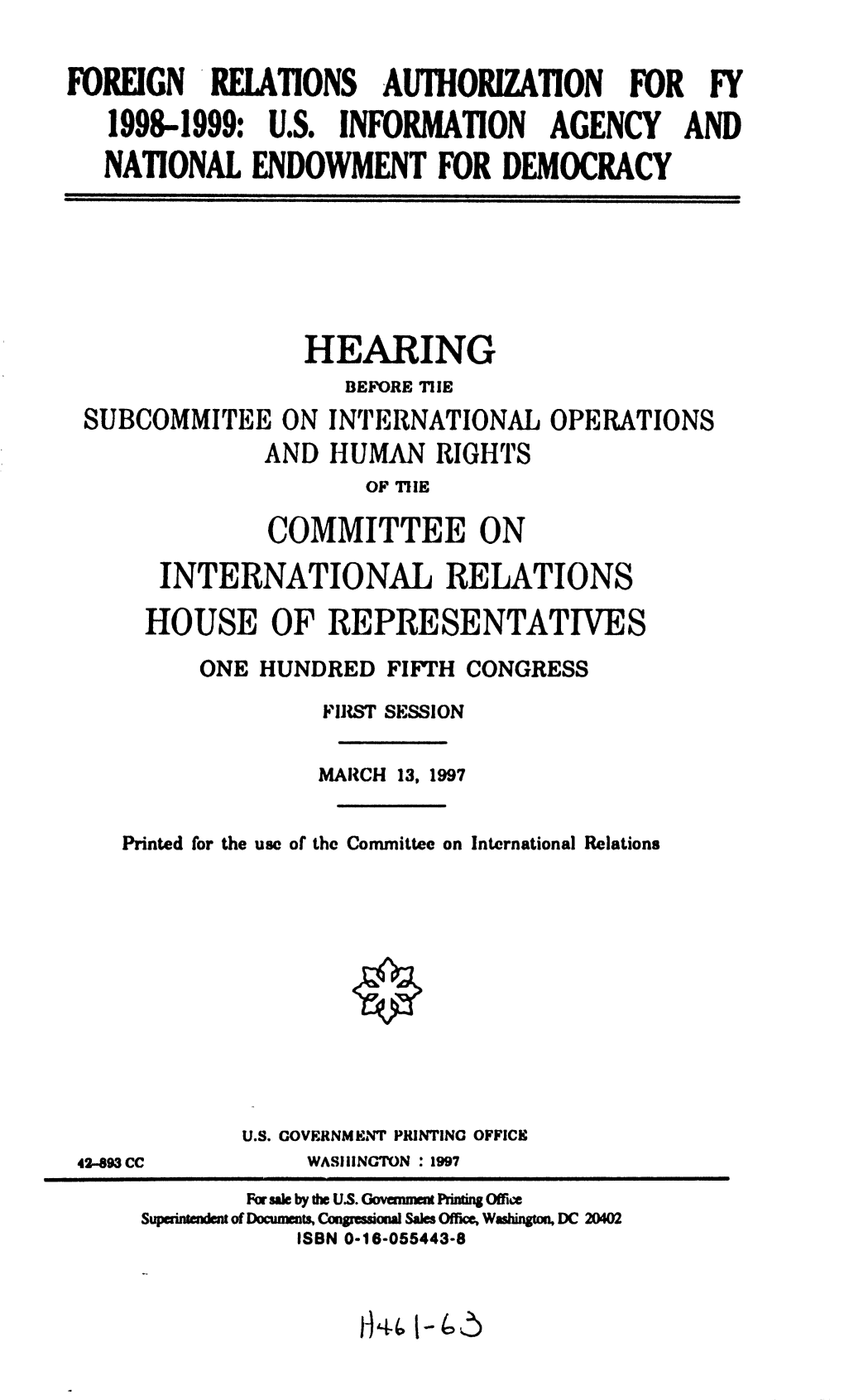 Foreign Relations Authorization for Fy 1998-1999: U.S