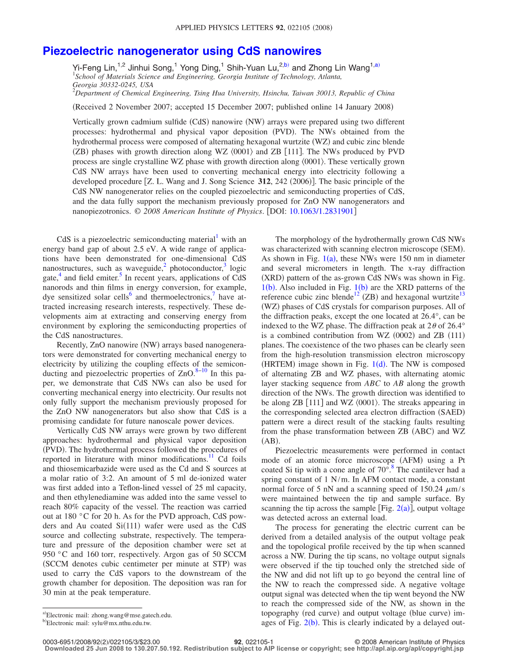 Piezoelectric Nanogenerator Using Cds Nanowires