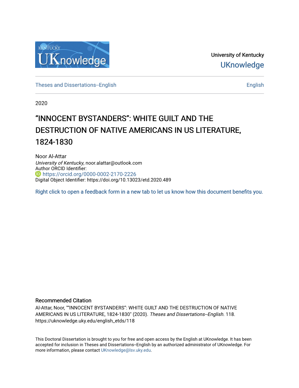 “Innocent Bystanders”: White Guilt and the Destruction of Native Americans in Us Literature, 1824-1830