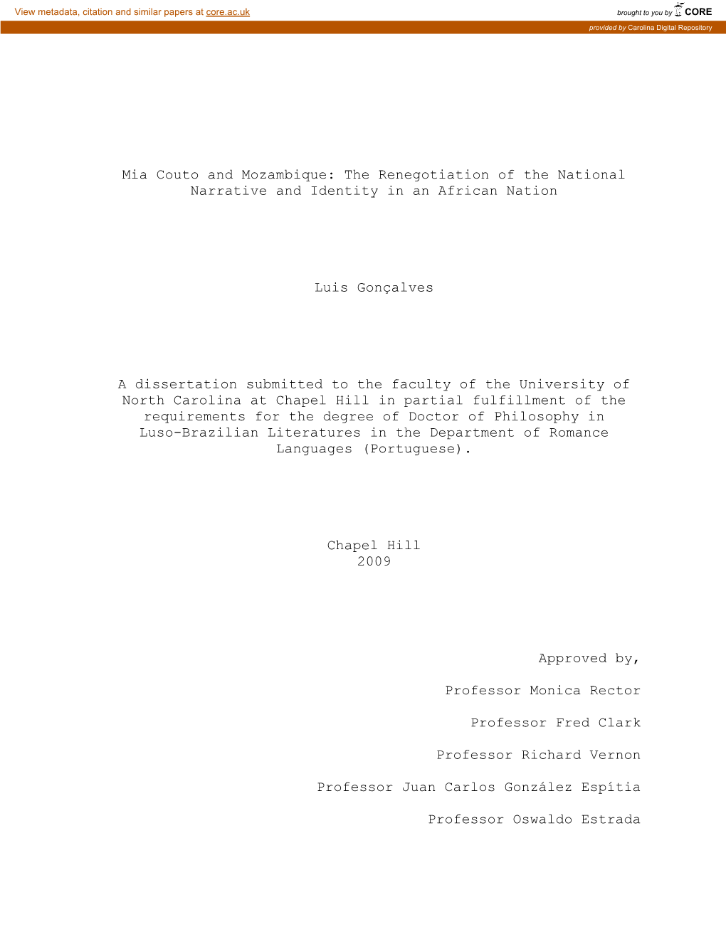 Mia Couto and Mozambique: the Renegotiation of the National Narrative and Identity in an African Nation